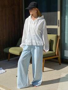 DAZY Women's Solid Color Textured Hooded Loose Long Sleeve Lace Patchwork Casual Vacation Sun Protection Spring/Summer Jacket - White - View 4