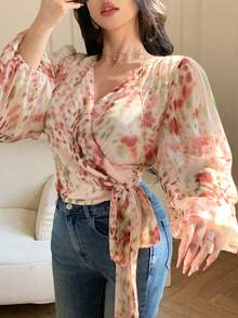 DAZY 女士印花系带灯笼袖优雅度假衬衫，春夏款 - 粉色 - 查看 4