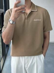 DAZY Men's Polo Shirt With Letter Embroidery And Contrast Collar Stitching Design, Summer - Khaki - View 4