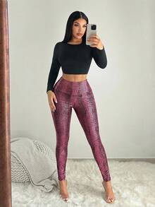 SHEIN SXY 女士鳄鱼纹高腰休闲百搭日常打底裤 - 粉色 - 查看 8