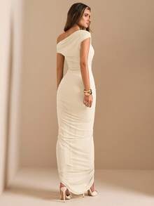 SHEIN BAE Solid Color Elegant Green Date & Sage Green Ruffled Neck Tie Sleeve Pleated Ruffle Hem High Slit Asymmetric Shoulder Gathered Dress Luxurious Women's Lace Bodycon Dress, Party Dress, Romantic Date Dress, Bridesmaid Mini Dress, Prom Dress, Birthday Mini Dress - Apricot - View 2