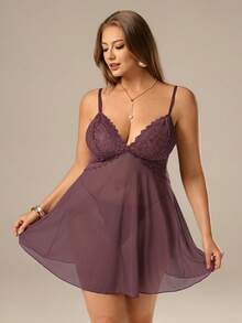 Auralis Bộ 2 món: Váy ngủ lưới ren tương phản cỡ lớn gợi cảm + Quần lót dây chữ G - Màu Tím - Xem 4