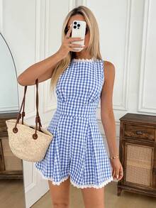 Easowa Cute Blue And White Gingham Sleeveless Romper For Women,Summer Picnic Holiday Outfits With Lace Trim,Checkered Patchwork Boho Beach Vacation Jumpsuit - Multicolor - View 2
