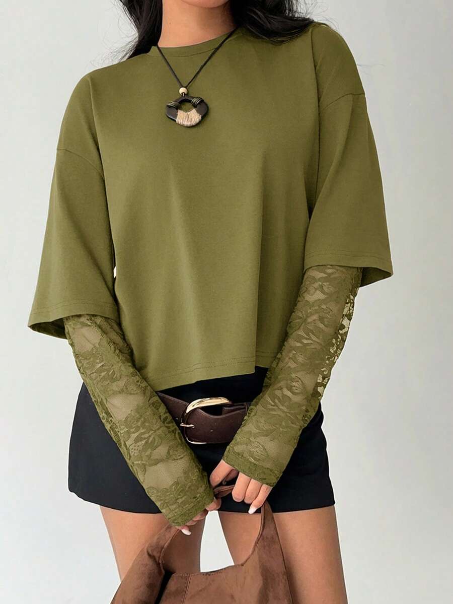 Aloruh Kaos Wanita Kasual Warna Polos Kerah Bulat Pas Badan, Kaos Patchwork Renda Manis - Hijau Tentara - View 1
