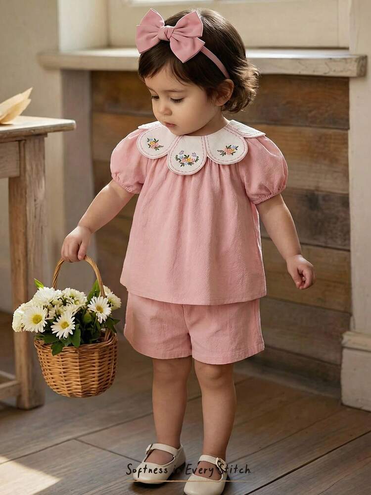 Cozy Pixies Baby Girl Floral Print Ruffle Trim Round Neck Short Sleeve Dress,Spring To Summer 2pcs Set Toddler Girls Puff Sleeve Baby Outfit Pink Splendor Outfit Smocked Ruffle Top Bloomer Toddler Girls Vintage Style Cotton Clothes - Pink - View 1