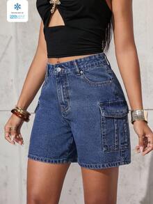 Quần short denim nữ dáng rộng, thoải mái, có túi hộp. - Màu xanh hải quân - Xem 4