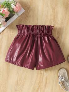 SHEIN شورت فضفاض مطوي من جلد PU ذو لون أحادي للفتيات الصغيرات - عنابي اللون - مشاهدة 2