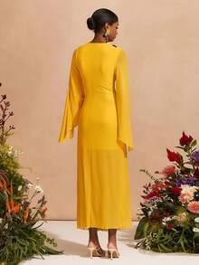 Zivah 2026春夏新款，不对称领口长袖开衩网纱透视长款连衣裙，带衬里，适合情人节、音乐节、复活节、西部风、波西米亚风、纳什维尔派对等场合，黄色 - 鵝黃色 - 查看 2