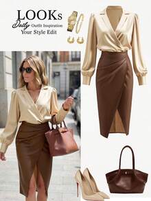 Ellevyn V领缎面衬衫和PU皮裙套装，适合办公室/通勤穿着，也适合女士晚宴穿着。 - 棕色 - 查看 3