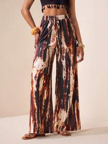 Zivah 2026春夏新款宽松高腰棕色扎染印花格子女裤，适合音乐节、复活节、波西米亚风、西部游牧风、休闲、海滩度假、日常穿着。 - 棕色 - 查看 5