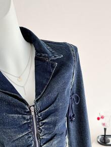 Elamini 女士短款牛仔夹克，带交叉绑带 - 藍色 - 查看 4