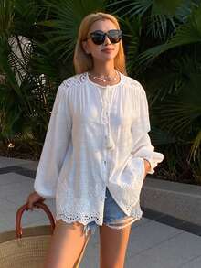Livesso Lace Patchwork Loose Casual Women Shirt - White - View 5