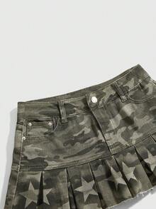 ROMWE Grunge Punk Y2K复古性感朋克迷彩星星褶皱迷你牛仔裙 - 軍綠色 - 查看 3