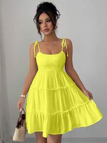 Elenzga 瑞士圆点荷叶边吊带连衣裙 度假沙滩装 女款 - 鵝黃色 - 查看 3