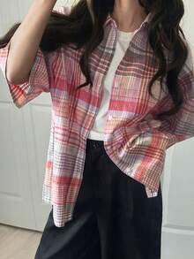 FRIFUL Women's Spring/Summer Plaid Short Sleeve Layered Loose Casual Versatile Blouse - Multicolor - View 5