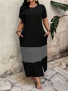 EMERY ROSE 大码女式条纹拼接圆领短袖开衩长裙。休闲撞色T恤裙，带口袋，适合母亲节、情人节、海滩度假、春夏穿着。 - 黑色 - 查看 3