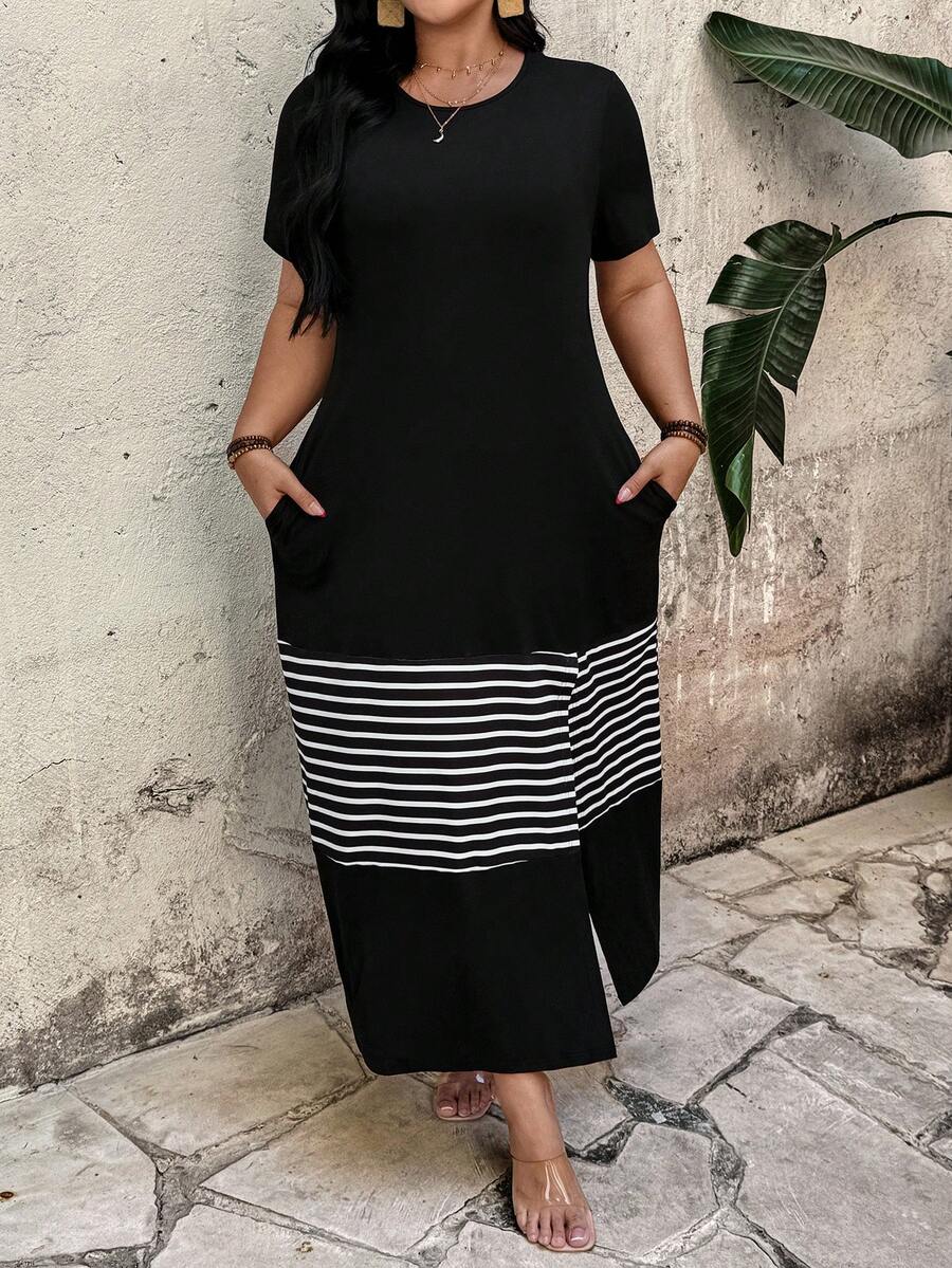 EMERY ROSE Đầm maxi ngắn tay cổ tròn xẻ tà, phối sọc cho nữ cỡ lớn. Đầm kiểu áo thun phối màu tương phản, có túi, thích hợp cho Ngày của Mẹ, Ngày Valentine, kỳ nghỉ biển, mùa xuân/hè. - màu đen - Xem 1