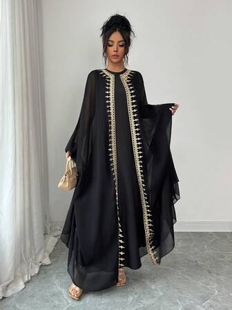 SHEIN Raffinéa Color-Blocked Lace Round Neck Embroidered Chiffon Patchwork Fashionable Women's Long-Sleeved Cape Dress, Women's Summer Dress, Women's Black Dress, Embroidered Dress, Women's Elegant Dress, Women's Resort Wear, Vacation Dress, Beach Dress.Turkish Abaya, Arab Long Robe Fall Cloth For Women.Fashionable Casual Commuter Wear, Business Office Wear, Versatile And Stylish Everyday Casual Wear, Urban Teacher's Professional Attire