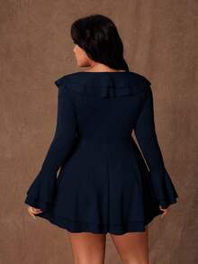 Rustia Sexy Ruffle Tie Strap Bodycon Mini Dress, Unique Design, Slimming Fit, Long Sleeve, Vacation Style - Blue - View 2