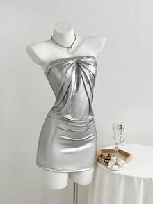 Elamini 女士休闲优雅派对褶皱亮片抹胸连衣裙 - 銀色 - 查看 3