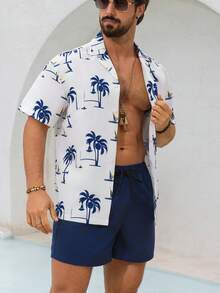 Manfinity KASUA Bộ đồ đi biển cỡ lớn dành cho nam giới, gồm áo sơ mi ngắn tay và quần short in hình cây cọ. - Màu xanh hải quân - Xem 6