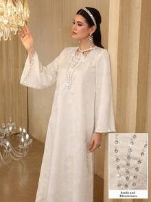 Al Najma Women's Apricot Jacquard Long Sleeve Elegant Rhinestone Embellished Loose Fit Dress - Apricot - View 5