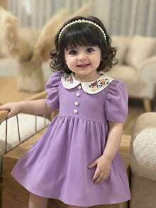 LMoss Kids LMoss Baby Girl's Purple Dress With Floral Embroidery, Peter Pan Collar, And Puff Sleeves; Casual And Stylish,فستان,فستان بنات - Purple - View 4