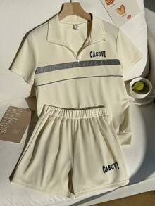 SHEIN Explorewe 2 peças/Conjunto Roupa Polo para Meninas, Top Polo Bege com Fita Refletiva e Decoração com Estampa de Letra + Shorts Esportivos Soltos, Conjunto Esportivo Casual para Uso Diário - Damasco - Visão 8