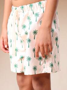 SUMWON 男童棕榈树印花泳裤，沙滩夏季度假泳装，热带风情抽绳腰带休闲泳池沙滩装 - 杏色 - 查看 4