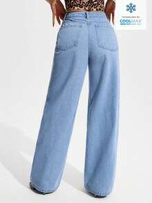 SHEIN PETITE 女士高腰口袋阔腿宽松休闲百搭牛仔裤 - 淺色水洗藍 - 查看 2