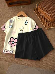 两件套少女休闲碎花、蝴蝶、爱心印花短袖上衣和短裤套装，适合夏季度假 - 彩色 - 查看 3