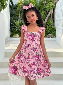 少女碎花束腰V领连衣裙，适合海滩、度假、夏威夷之旅、家庭亲子装、姐妹合照、公园、露营、派对、日常休闲、假日穿着。 - 粉色 - 查看 4