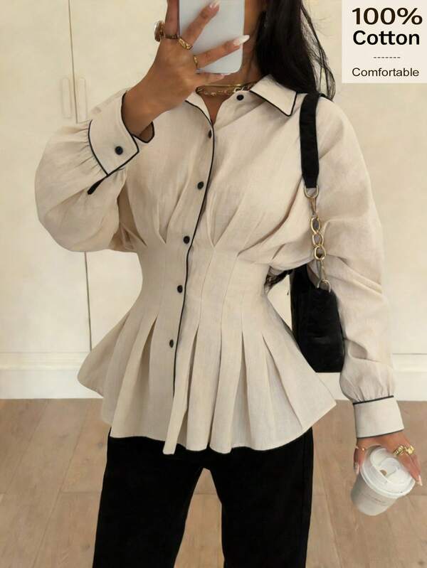 Siren Gaze Spring & Summer Women's Casual Business Loose Waist Pleated Collar Long Sleeve Shirt, Autumn/Winter