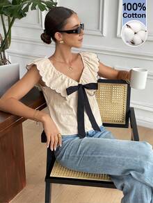 Serisse Áo kiểu nữ mùa hè kiểu Pháp 100% cotton màu trơn trang trí nơ, viền bèo nhún, áo sơ mi nữ trơn có bèo nhún, cổ áo thanh lịch và ruy băng, trang phục đi nghỉ mát cho nữ, trang phục miền Tây cho nữ, trang phục mùa hè cho nữ, trang phục thường ngày cho kỳ nghỉ, trang phục nghỉ dưỡng. - Màu be - Xem 5