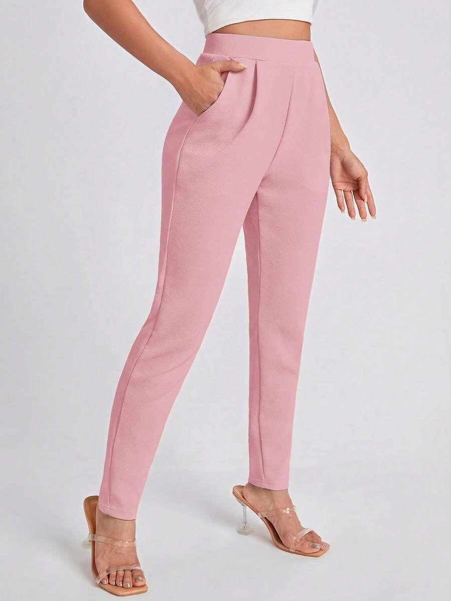 SHEIN Essnce Women's Casual Solid Color Pleated Pocket Pants - Pink - View 1