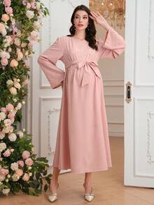 SHEIN 纯色长款休闲宽松串珠孕妇连衣裙 - 粉色 - 查看 4