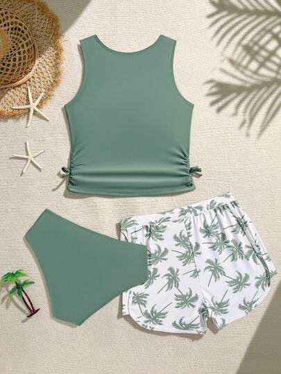 SHEIN Set Tankini untuk Remaja Perempuan, Motif Pohon Kelapa Hijau, 3 Potong Baju Renang dengan Celana Pendek, Pakaian Pantai Pelindung Matahari untuk Musim Panas, Liburan, dan Hari Raya.