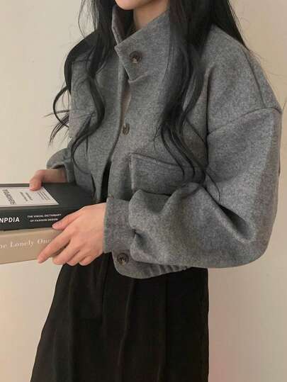 Chaqueta corta informal de cuello alto para mujer,Abrigo de mujer con cuello alto y bolsillos,Chaqueta oversize a la moda,adecuada para practicar deporte y para el uso diario informal, viajes, aeropuerto