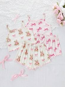4pcs Girls Cute Bear & Bow Print Camisole & Shorts Pajama Set - Multicolor - View 3