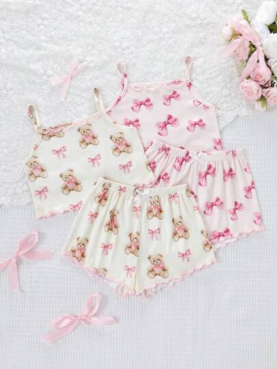 4pcs Girls Cute Bear & Bow Print Camisole & Shorts Pajama Set