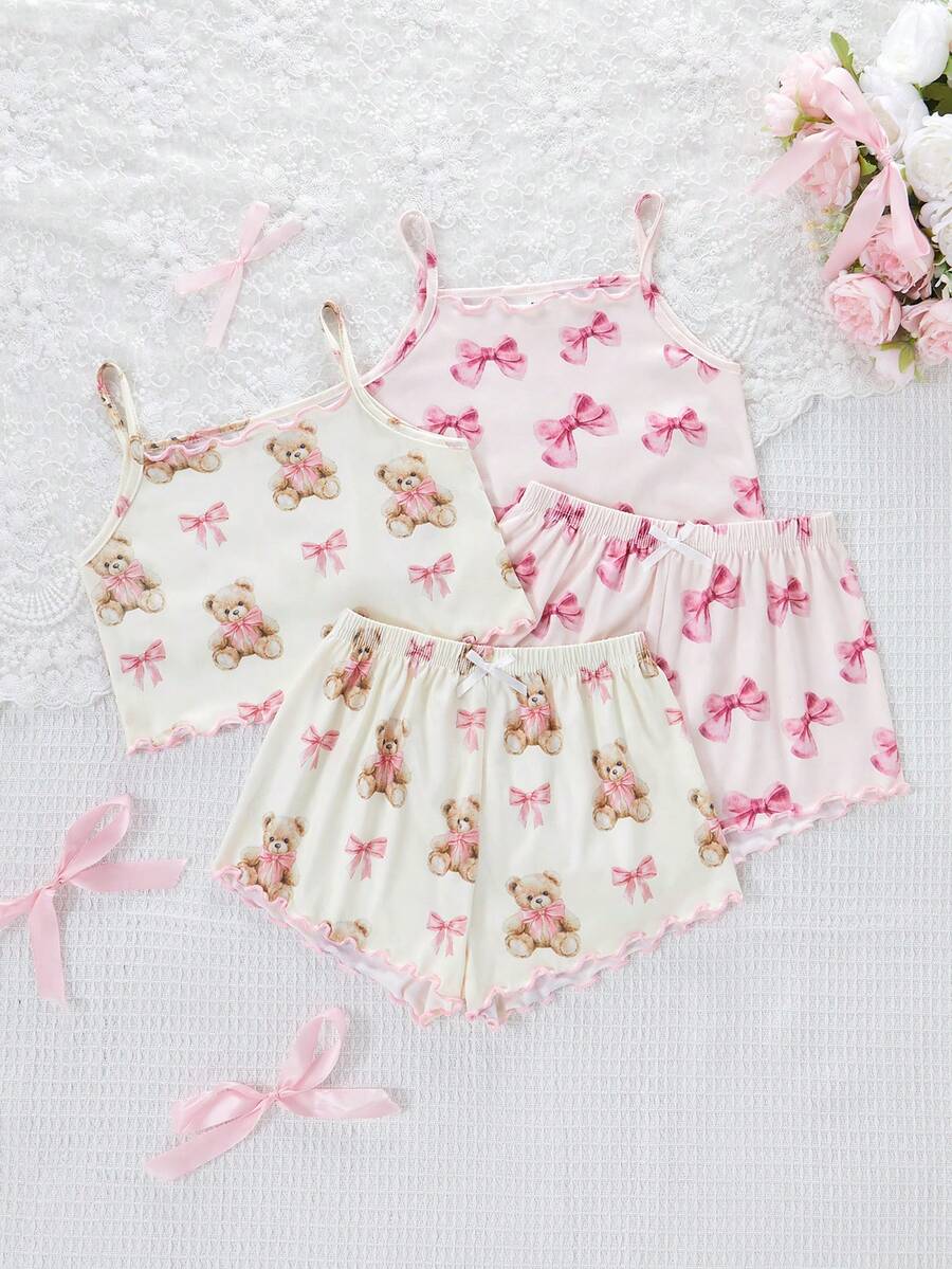 4pcs Girls Cute Bear & Bow Print Camisole & Shorts Pajama Set - Multicolor - View 1