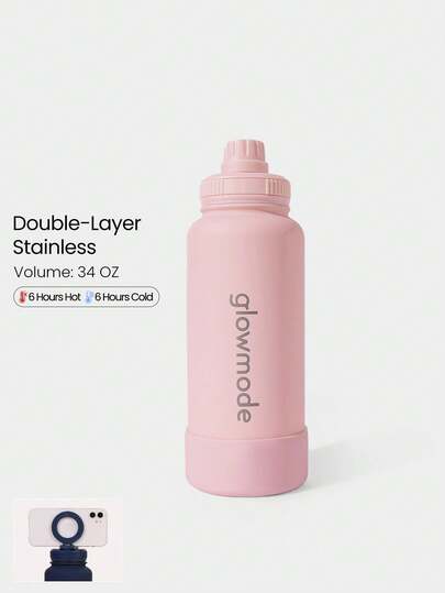 GLOWMODE 34 OZ Sip And Go Double-Layer Stainless Steel Loop Handle Magnetic Phone Holder Non-Slip Base Water Bottle Daily Casual Office Active