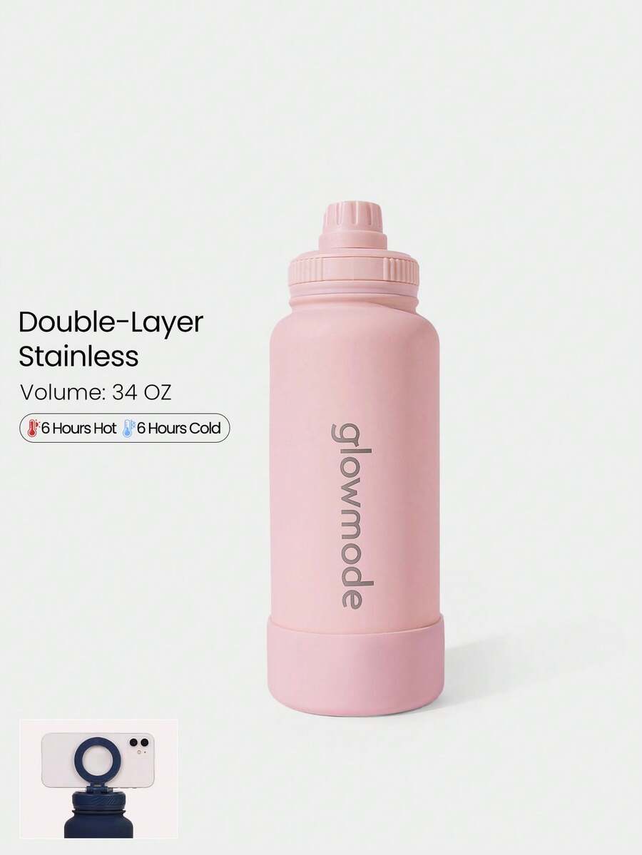 GLOWMODE 34 OZ Sip And Go Double-Layer Stainless Steel Loop Handle Magnetic Phone Holder Non-Slip Base Water Bottle Daily Casual Office Active - Red - View 1