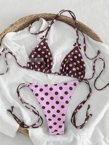 Swim Mod Women's Spring/Summer Beach Music Festival Polka Dot Print Bow Tie, No Cup, Reversible Halter Beautiful Back Bikini Set - Multicolor - View 2