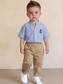SHEIN Bộ áo sơ mi ngắn tay kẻ sọc và quần dài màu be thời trang cho bé trai, thoải mái và đa năng, phù hợp cho mùa xuân/hè, trong nhà, ngoài trời, hàng ngày, thể thao, vui chơi, dự tiệc, chụp ảnh, kỳ nghỉ. - Màu xanh lam - Xem 8