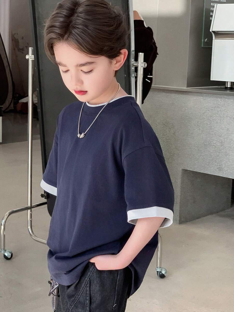 DAZY Tween Boy Contrast Trim Round Neck Casual Loose T-Shirt - Navy Blue - View 1