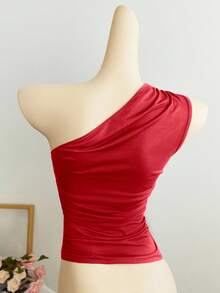 Elamini 杏色褶皱不对称肩部修身上衣，时尚简约休闲优雅百搭，适合日常穿着和通勤，春夏款 - 紅色 - 查看 2