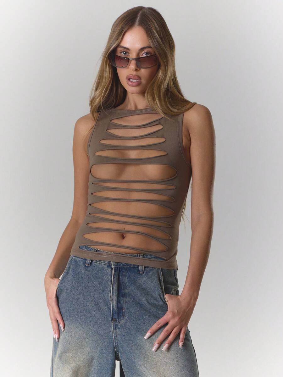 MUSERA 极致做旧斜裁长款背心，性感优雅，适合冬季、反乌托邦派对、圣诞节、优雅假期、春夏夜生活。 - 巧克力棕 - 查看 1