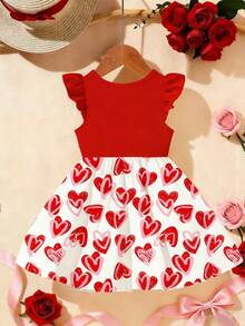 1件适合6个月至2-3岁女婴的甜美爱心设计连衣裙，红白爱心印花+大蝴蝶结装饰，喇叭袖，轻薄面料，可爱公主风，适合情人节/日常穿着，夏季 - 彩色 - 查看 2