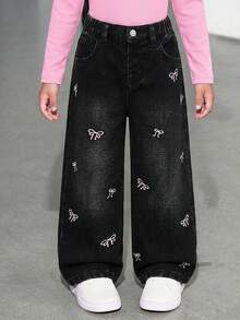 SHEIN Girls' Versatile Fashion Distressed Straight Leg Blue Jeans - Black - View 1